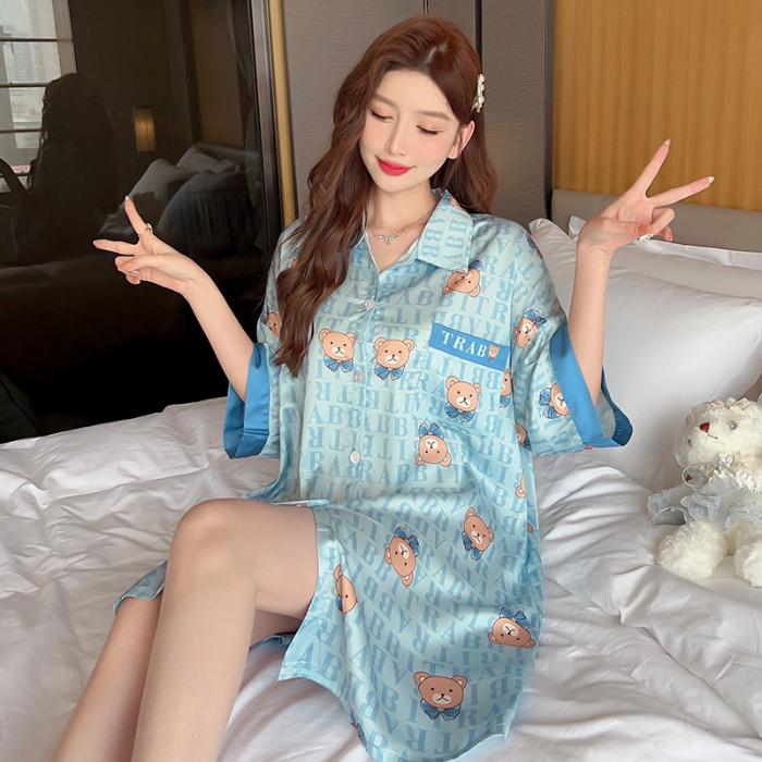 Summer Stain Nightdress for Women Short Sleeve Cute Cartoon Nightgowns & Sleepshirts Women Blue Sleepwear Shirt Buttons Outwear Pjs Loose Homewear