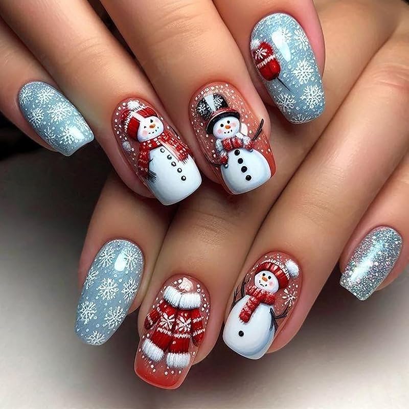 Snowflake Press on Nails Christmas Long Square Fake Nails Winter Snowman Acrylic Glue on Nail Glossy Xmas Stick on Nail for Women