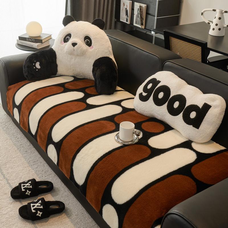 Plush Straight Row Sofa Cushion Autumn And Winter New One-Piece Leather Sofa Seat Cushion Fixed Non-Slip Cartoon Sofa Cover