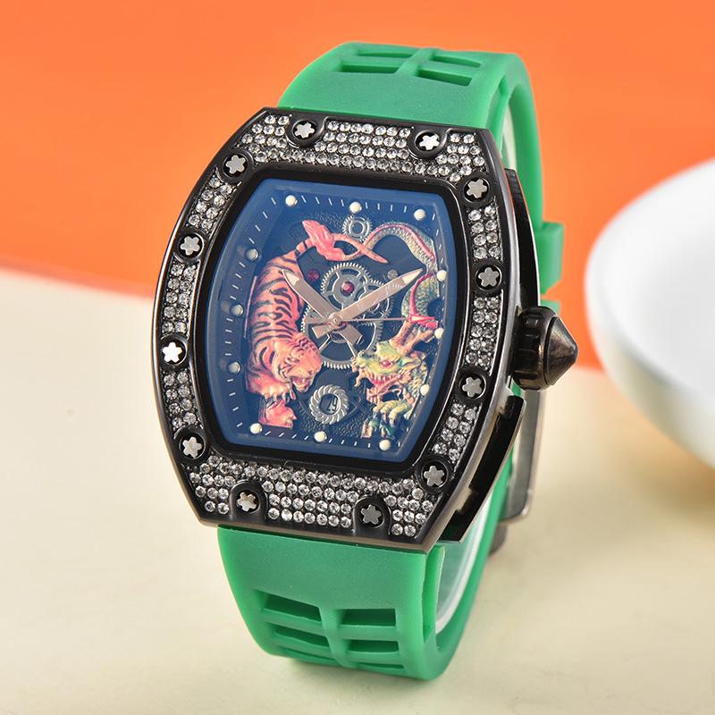 Men's Trendy Barrel-Shaped Full Diamond Quartz Watch with Calendar