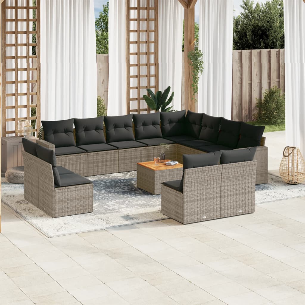 13 Pc Outdoor Sofa Set with Cushions Grey Poly Rattan