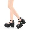 Schwarze Blockabsatz Mary Janes Schuhe Plateau Knöchelriemen Partykleid Veganes Kunstleder Punk Goth Schuhe Große Größe