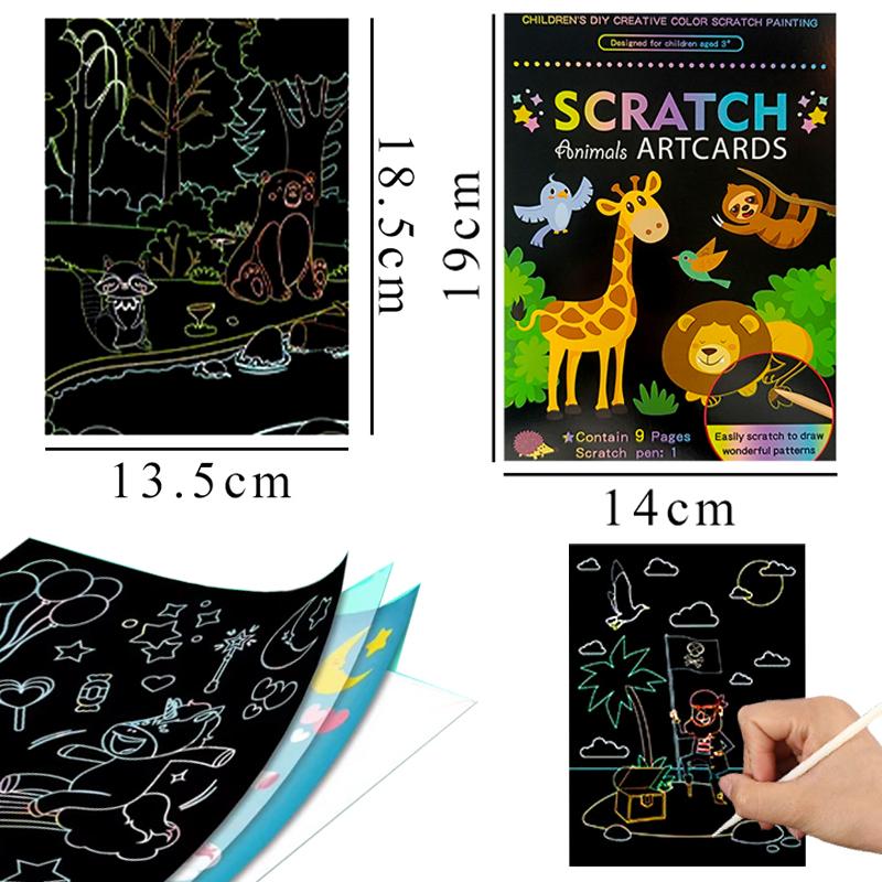 18 PCS Scratch Painting Papers Magic Rainbow Colored Drawing Set Space Animal Ocean Pirate Bamboo Stick Gifts for Boys Girls ZYF