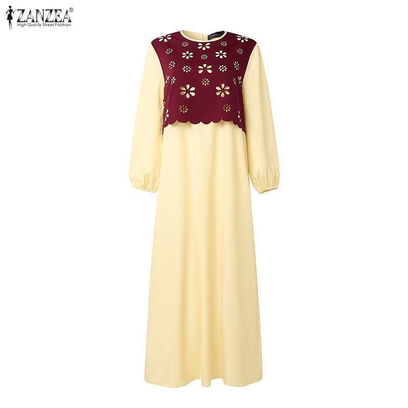 ZANZEA Women Hollow Splice Loose Casual Round Neck Long Sleeve Vintage Dress