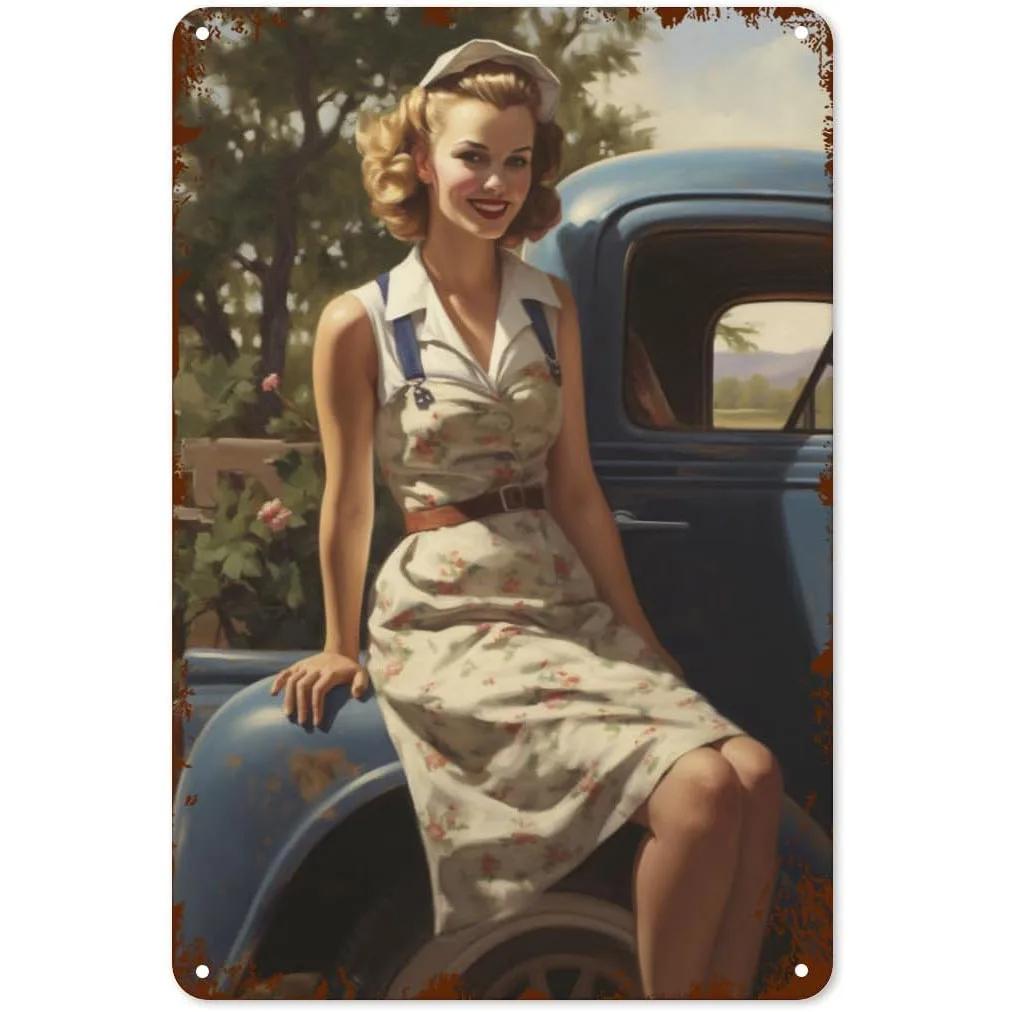 Vintage Pinup Girl Fast & Sexy Girls Classic Car Automobile Metal Tin Sings For Man Cave Garage Bar Cafe Clubs Car Decor Posters