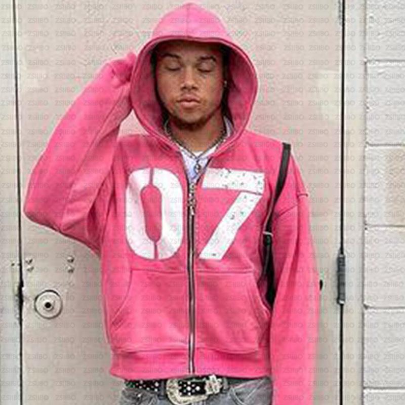 European & American Trendy Hooded Cardigan: Street Hip Hop Style Sweatshirt with Digital 07 Print