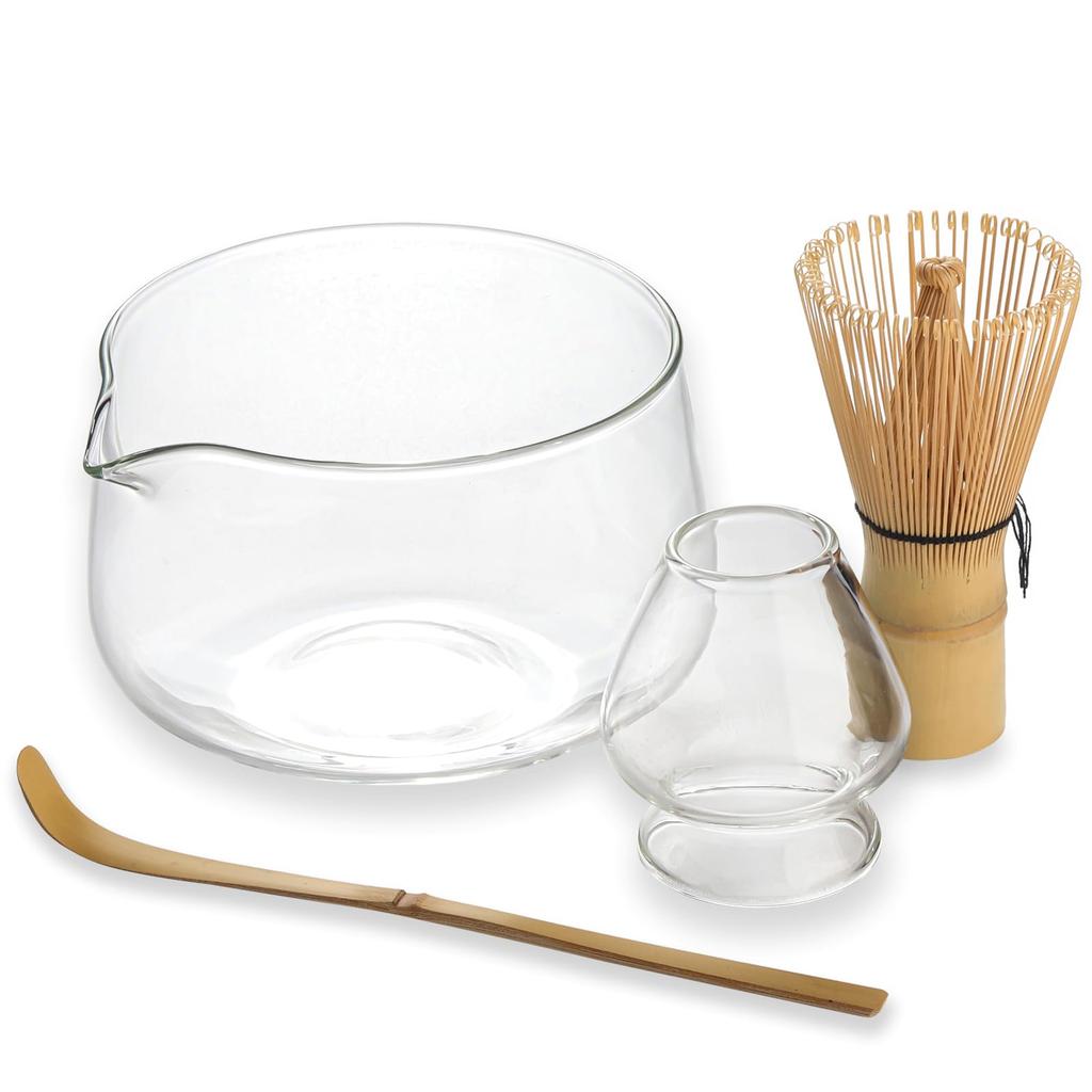 Glass Katakuchi Tea Bowl Set, Matcha Tea Ceremony Utensils, Tea Bowl, Transparent Chasen Holder, Chashaku (100-Standing), and Katakuchi Style Tea
