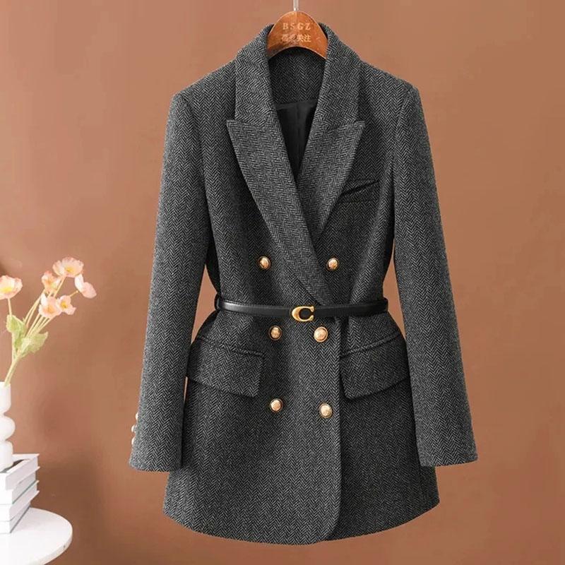 Sako Oblek pro Ženy Zimní Ležérní Zesílený Dlouhý Rukáv Knoflíkový Kardigan Slim Fit Profesionální Sako