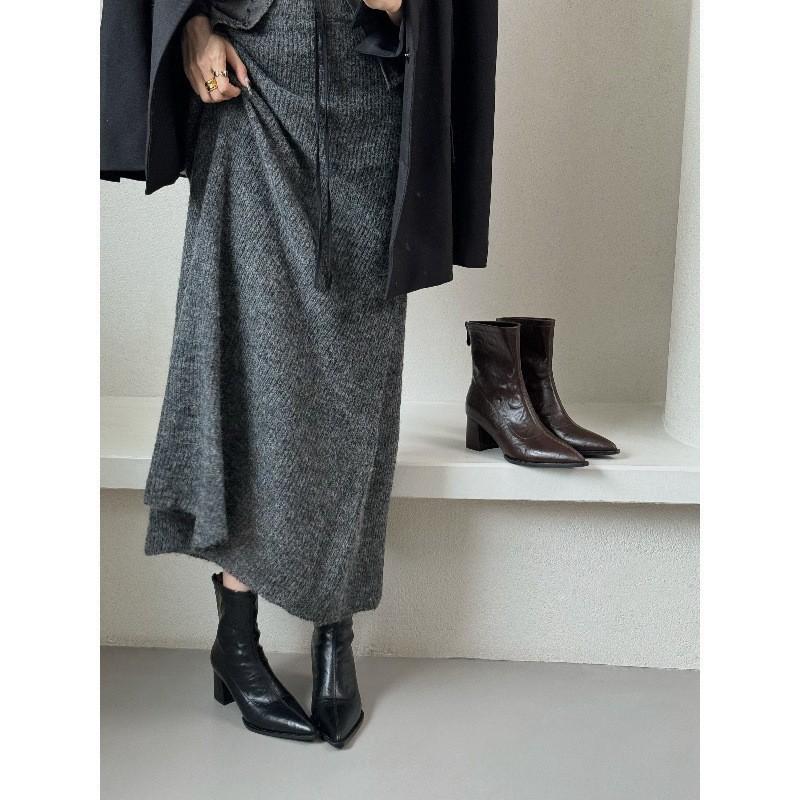 Pointed high-heeled Martin boots New simple brown thin short tube thick heel thin bare boots