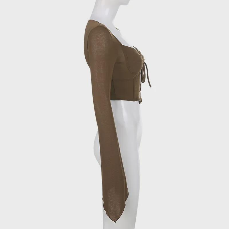 American Street Style Sexy V-Neck Irregular Pleated Long-Sleeve Crop Top