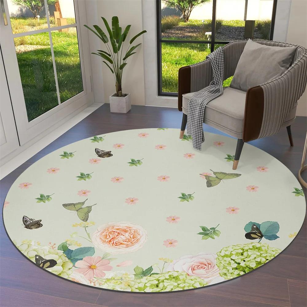 Watercolor Flower Round Rug Non-slip Floral Carpet for Living Room Bedroom Kitchen Decor Circle Doormat