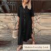 JPNTKY Women's Fashion Spring Autumn Solid Color Print POLO Neck Long Sleeve Casual Dresses