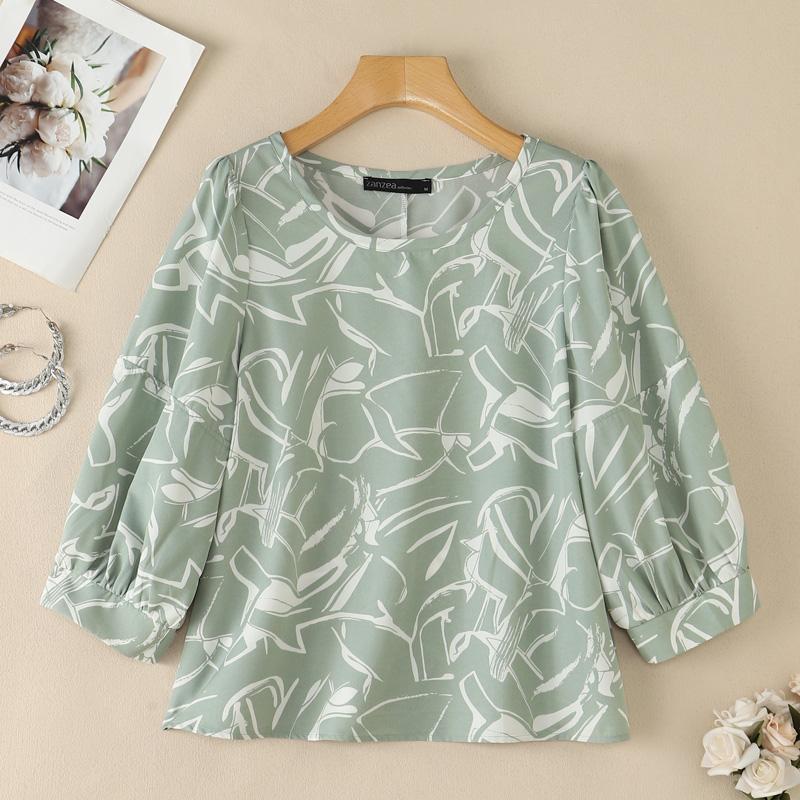 ZANZEA Women Casual Round Neck Loose 3/4 Sleeve Print Blouse