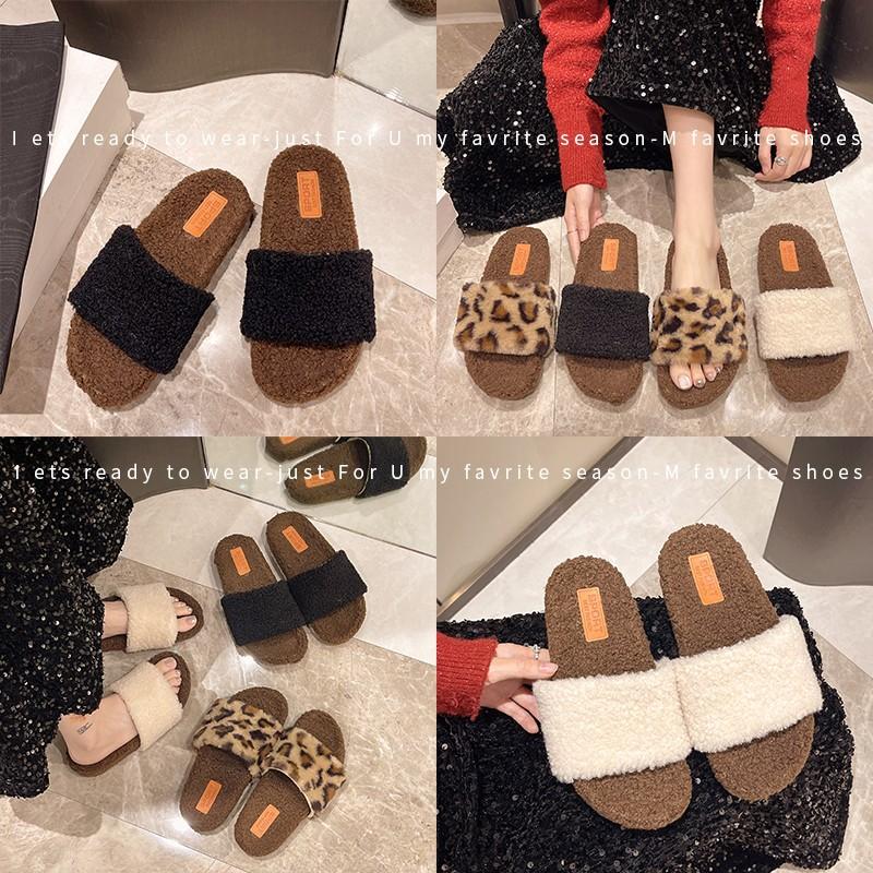 Fashion Flock Flat Shoes Female Plush Slippers for Adults Med Slipers Women Luxury Slides Platform Fur Soft Designer Shoes for Women
