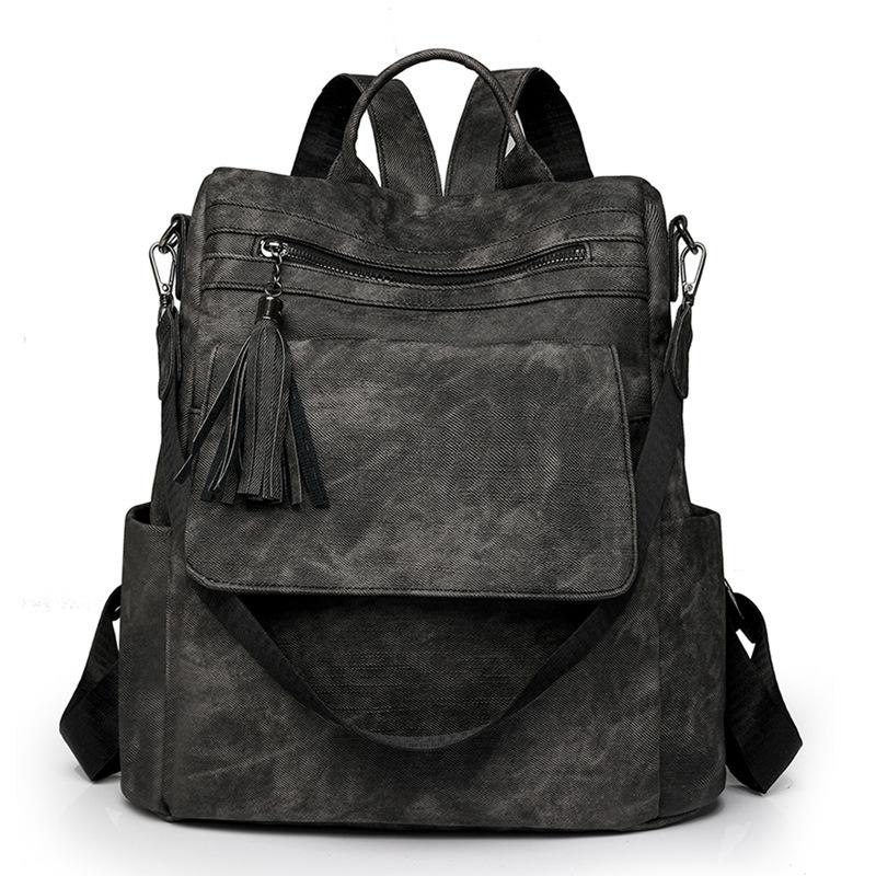 Women's Soft Leather Backpack Large Capacity Student Commuter Schoolbag Tassel Travel Backpack