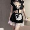1 Set Crop Top Skirt Set Contrast Color Shirring Deep V Neck Bow-knot Ruffle Cosplay Maid Style