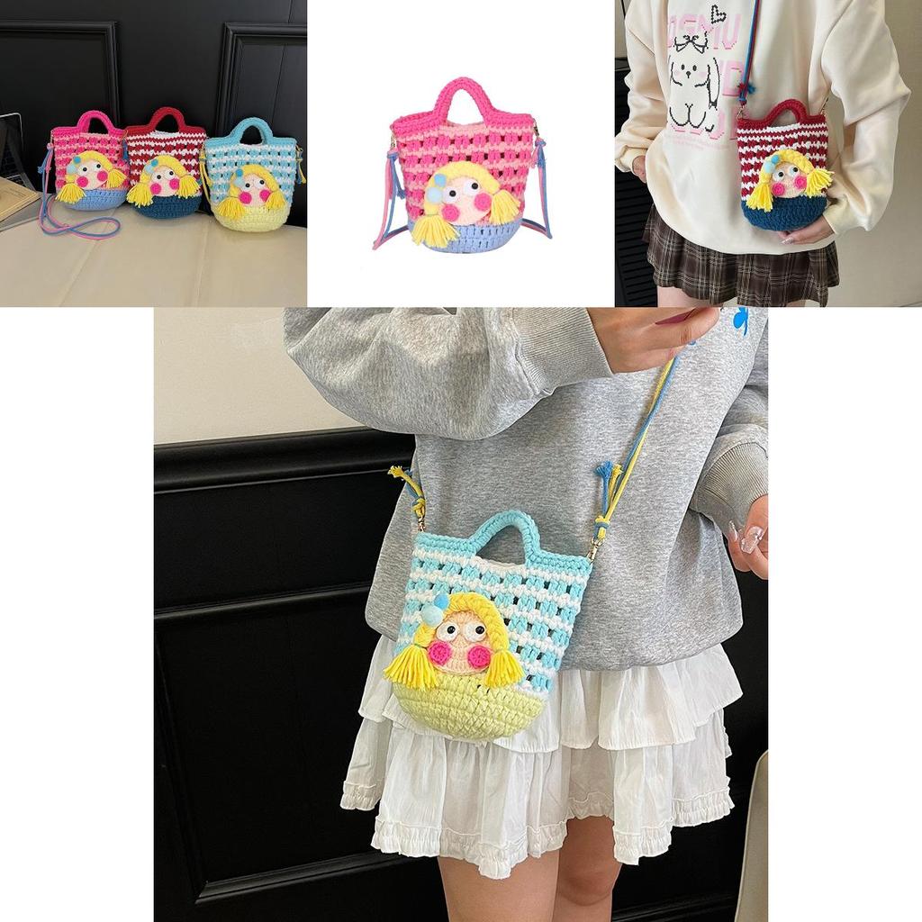 Cartoon Knitted Crossbody Bag With Shy Girl Design For Women Soft Lightweight Decorative Phone Pouch