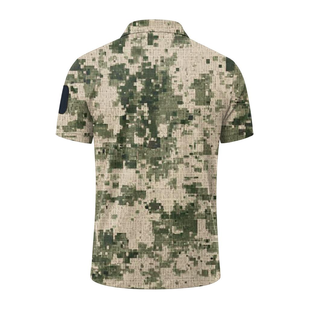 Men Tactical Polo Shirt Loose Fit Short Sleeve Breathable Outdoor Quick Dry Camouflage Print Velcro Patch Design Lapel Collar Top