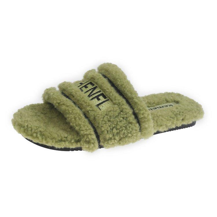 [Youshilai] 2025 Autumn and Winter Mao Mao Letter Slippers Female Korean Ins Style Home Wear Flat Bottom One-word Drag