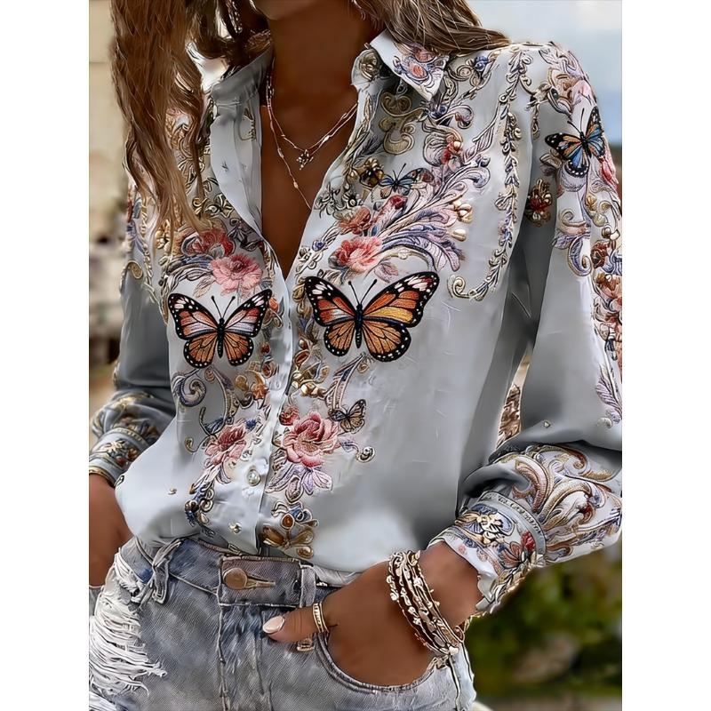 Women's Long Sleeved Shirt with 3D Flower Print and Tree Branch Pattern On the Lapel, Comfortable Men's Top