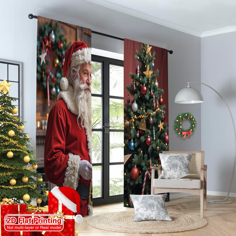 2pcs 2D Flat Printing Merry Christmas Curtain Santa Claus Envelope Christmas Tree Fabric Without Electricity 0 Perfect for