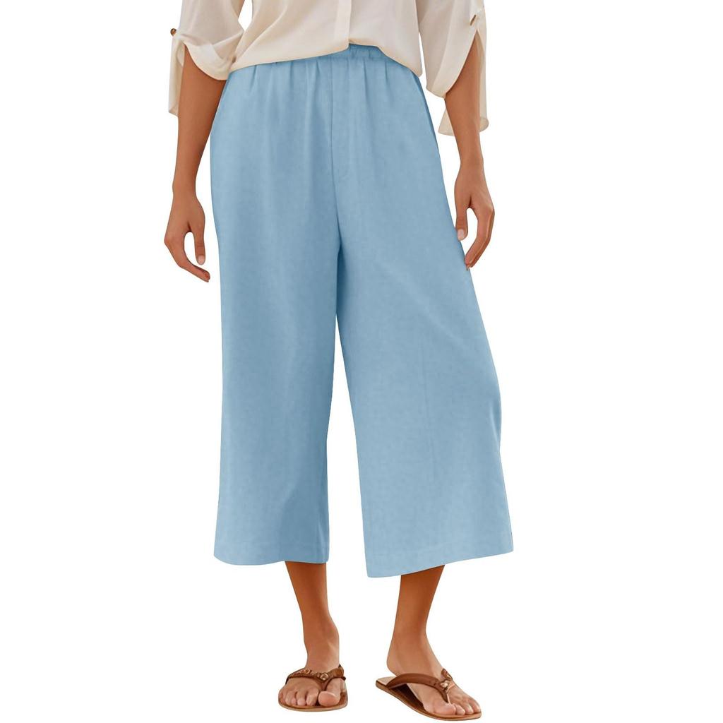 Women's Summer 3/4 Trousers Summer Trousers With Pockets Causal Loose Trousers Fabric Trousers Sport Leisure Beach Trousers