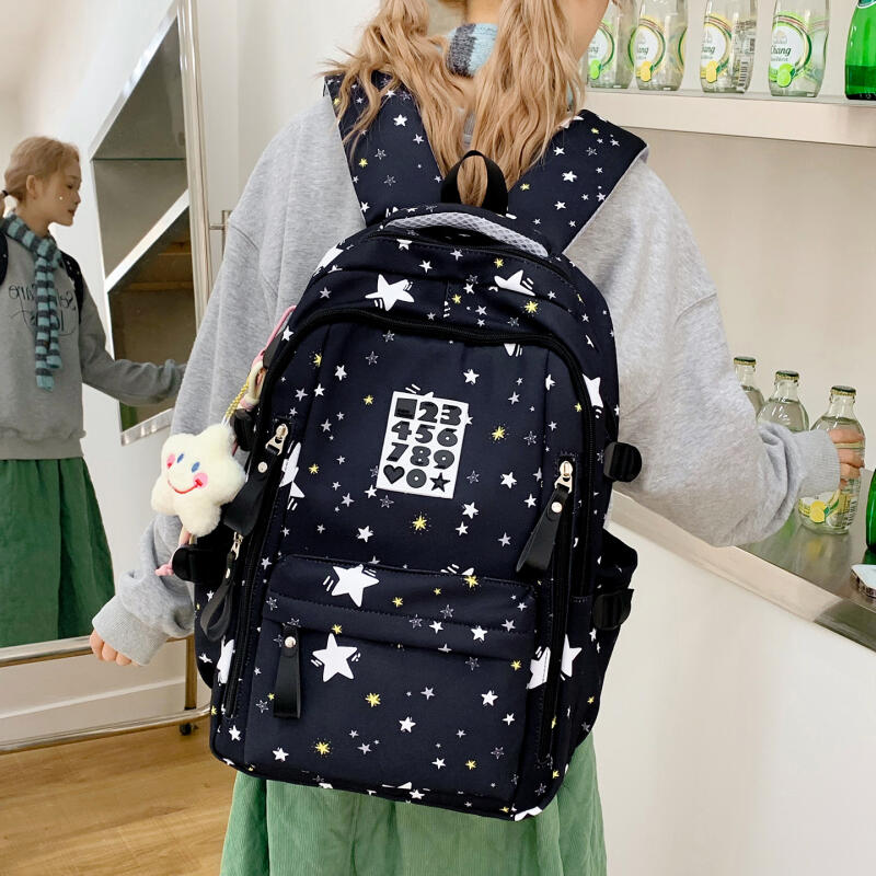 Cute Star-Print Nylon Backpack – Stylish & Lightweight School Bag for Girls, Teens, and Women