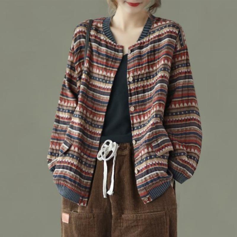 Fashionable Autumn New Loose Literary and Versatile Casual Printed Cardigan Korean Style Cotton and Linen Short Jacket