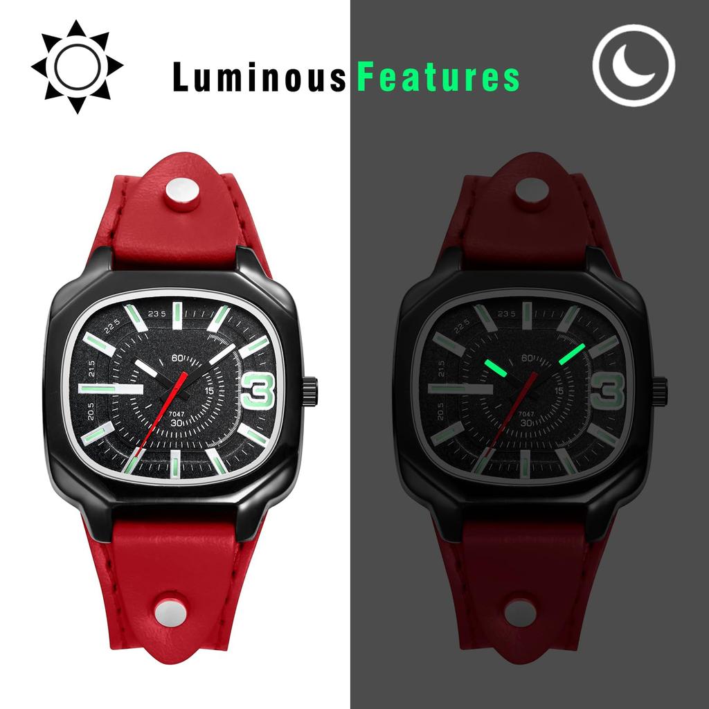 Unisex Square Wristwatch with Leather Waterproof Analog Quartz Genuine Punk Fashion Watch Perfect Gift for and Day Strap Movement, Leather, -