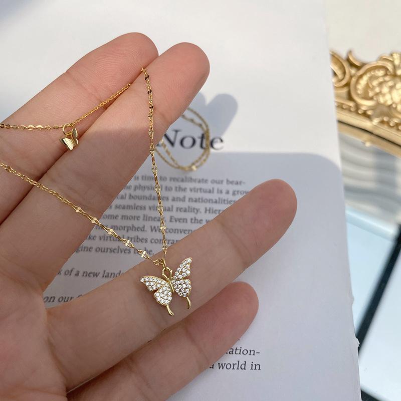 Simple Butterfly Double Layer Choker Necklace For Women Shiny  Butterfly Pendants Clavicle Chain Elegant Wedding Jewelry