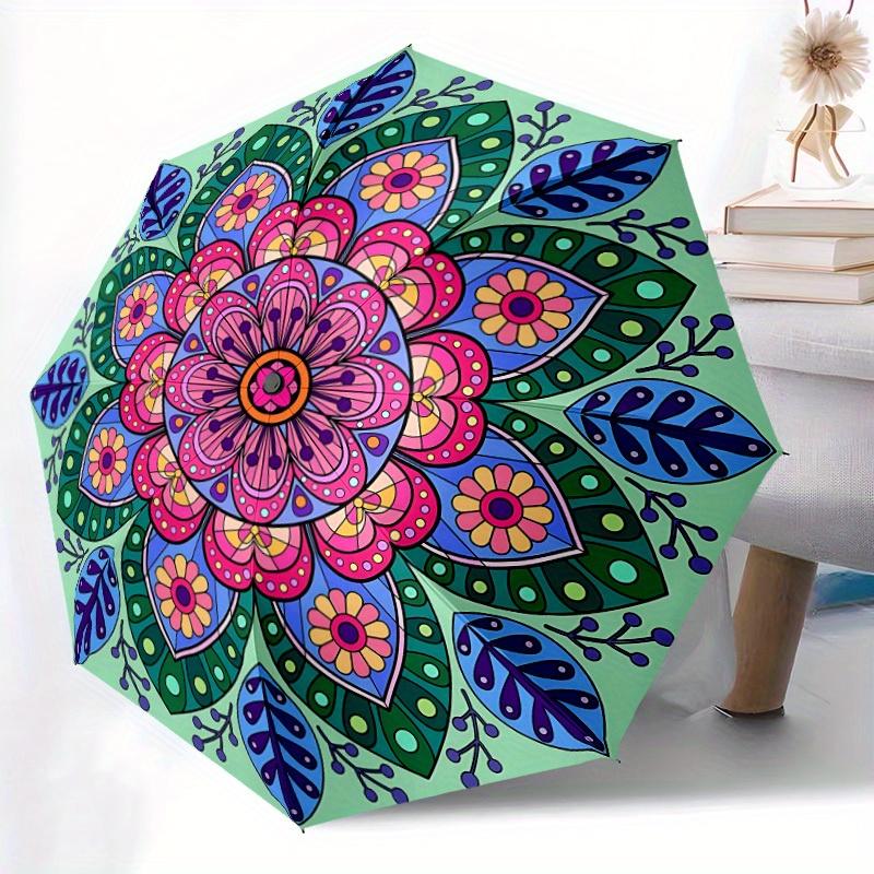 1pc Floral Mandala Design Automatic Opening/Closing Folding Umbrella with 32 Ribs, Plastic Handle, Windproof Portable Sunshade Umbrella y250726072