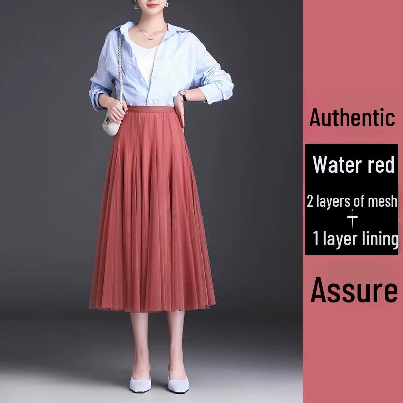 2025 High-Waist A-Line Mesh Skirt: Three-Layer Pleated Fairy Skirt for Spring & Autumn