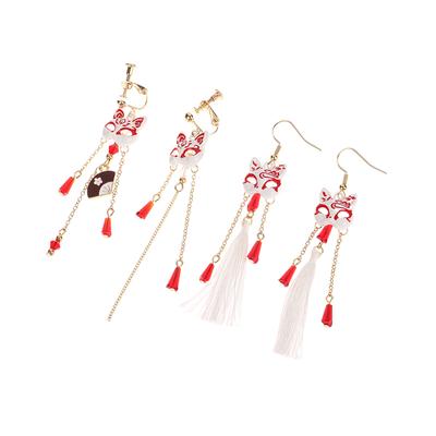 Boucles d'oreilles vintage en forme de masque de renard pour femmes, bijoux en forme d'animaux mythologiques, pendentif en forme d'éventail, pompon, clip d'oreille, cadeaux