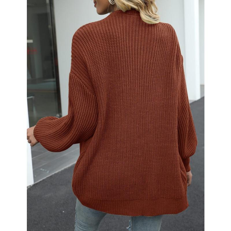 Womens Loose Long Lantern Sleeve Thick Solid Knit Cardigan Sweater Coat With Pockets