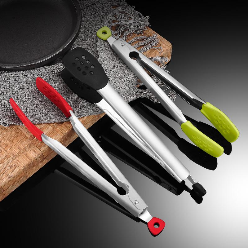 Silicone Head BBQ Grilling Tongs Stainless Steel Non-Stick Steak Bread Clip Anti-Scalding Food Clamp Kitchen Cooking Utensils