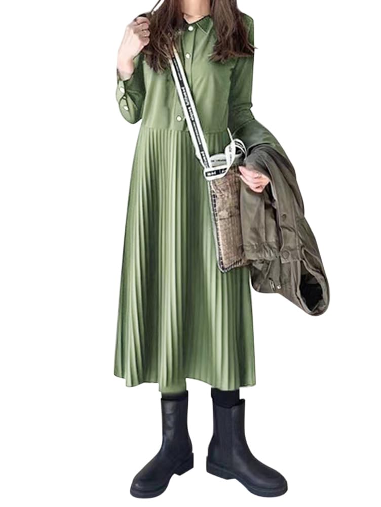 

Minesam Long Sleeve Shirt Spring Outfit Size Women s Dress, Pleated, A-Line, Collared, Flattering, Cute, (Green, S) зелёный