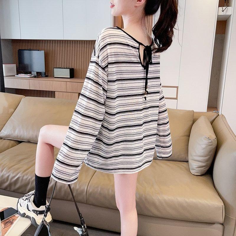 Women's Striped T-shirt Ladies' Contrasting Color Round Neck Long Sleeved Blouse New Korean Style Loose Versatile Top