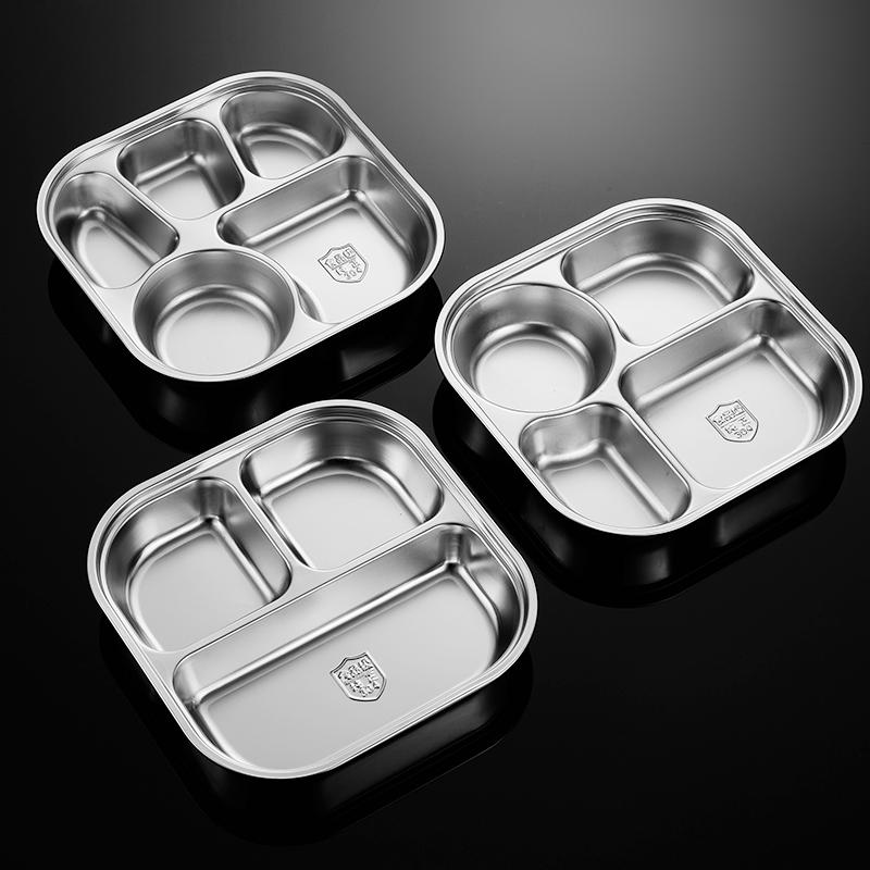 304 Stainless Steel Fast Food Plate Household Three Four Five Compartments Adult Children Tableware Square Solid Dining Dish