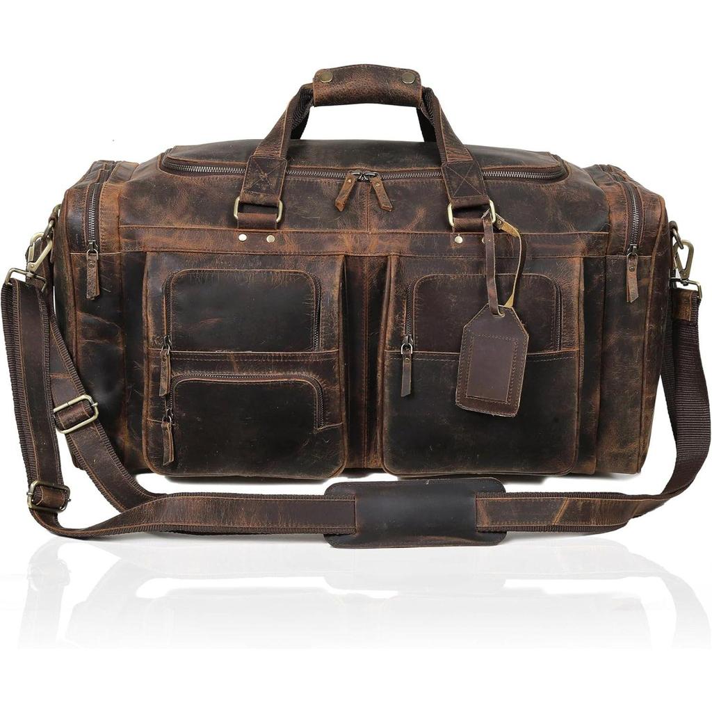 Large 24 inch duffel bags for men holdall leather travel Duffel bag overnight gym sports weekend Duffle bag (Dark Brown, 24" Large)