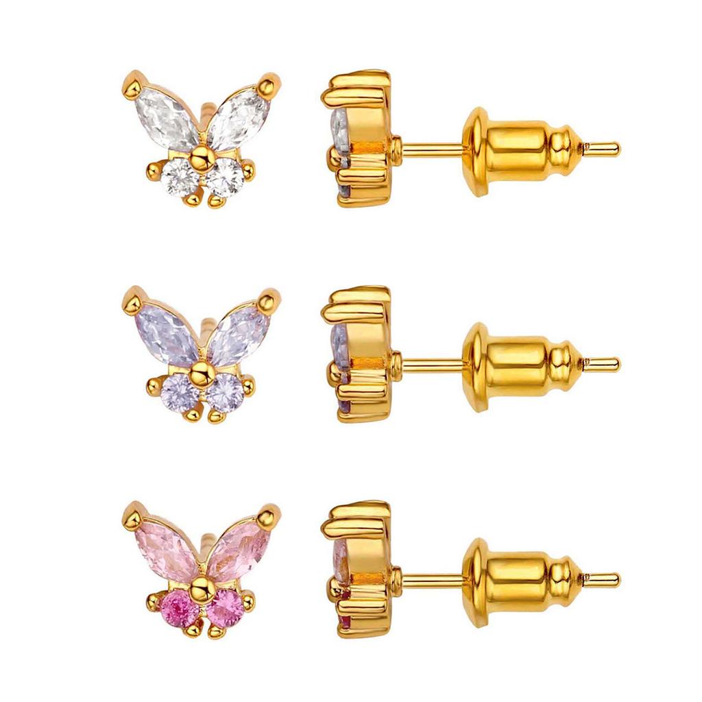 Small Butterfly Stud Earring Cubic Zirconia Gold Plated CZ Jewelry for Women Girls