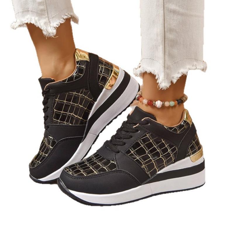 Damen Schnür-Ballerinas in Überweite, Keilabsätze mit vergoldetem Steinmuster, Modische Herbst-Freizeitschuhe für Damen