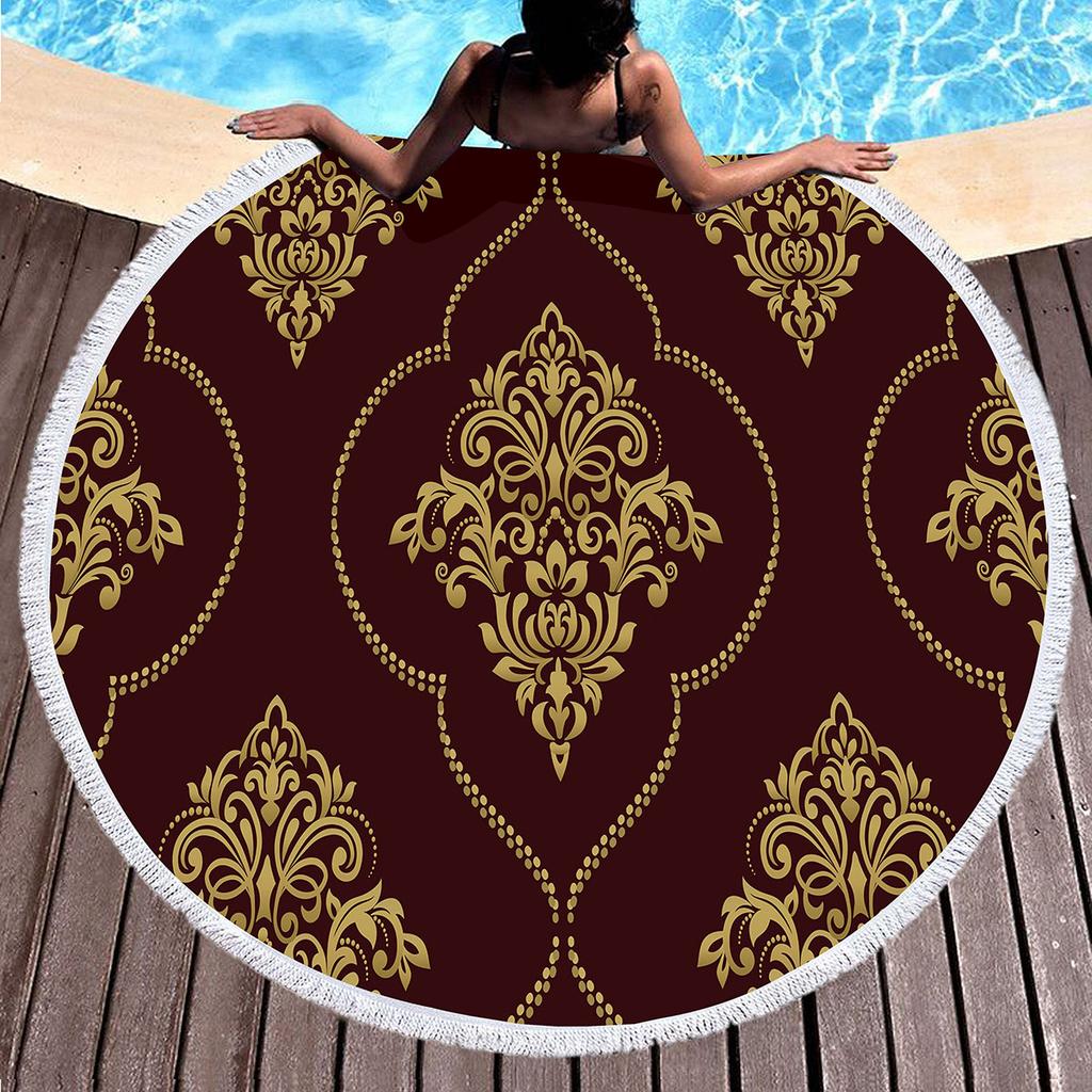 Vintage Gold Printed Round Beach Blanket,Polyester Sand Resistant Shawl Beach Towel,Absorbent Quick Dry Pool Towel Picnic Mat