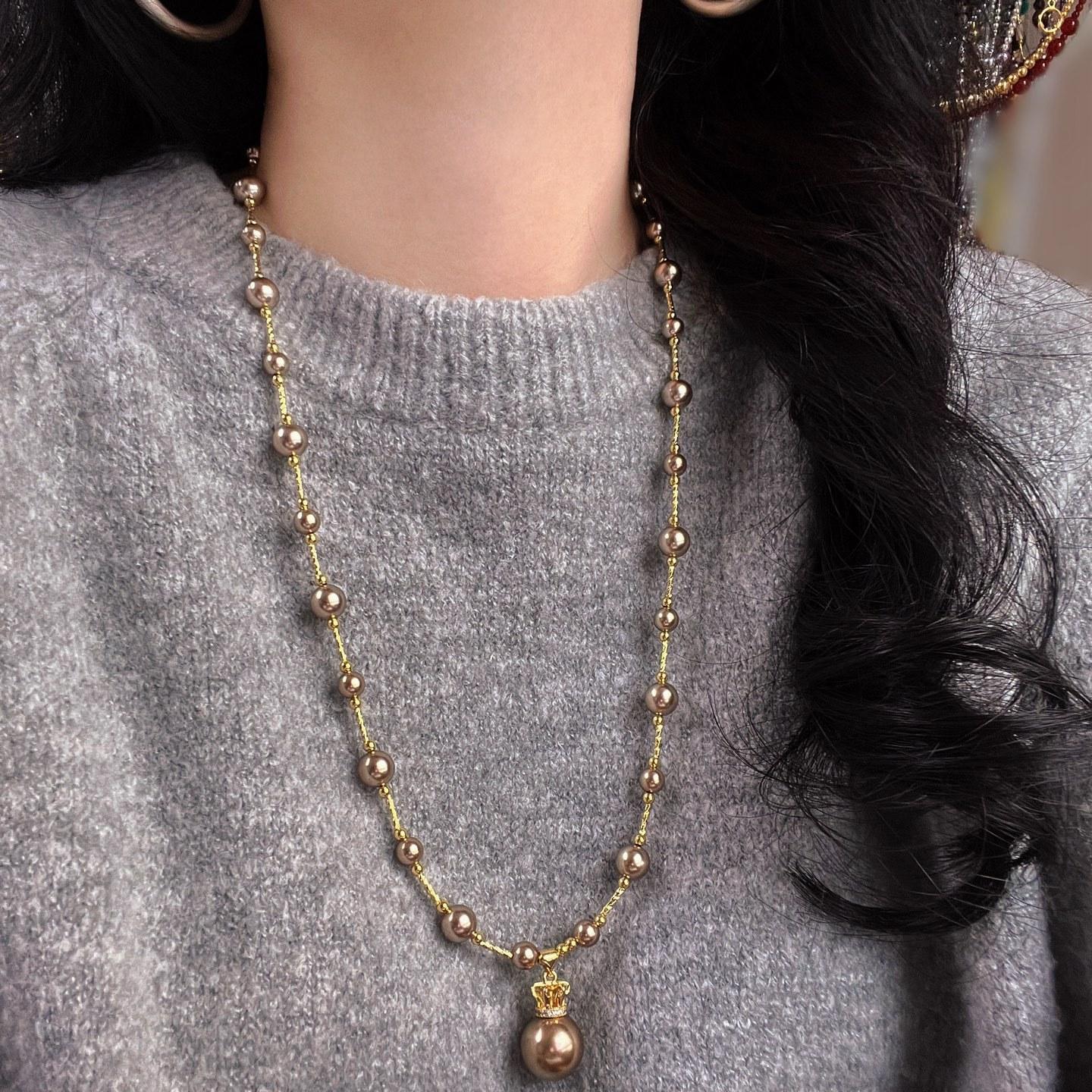 High Quality Mocha Brown Shijia Pearl Maillard Wind Necklace Collarbone Chain Neck Chain Pendant Sweater Chain