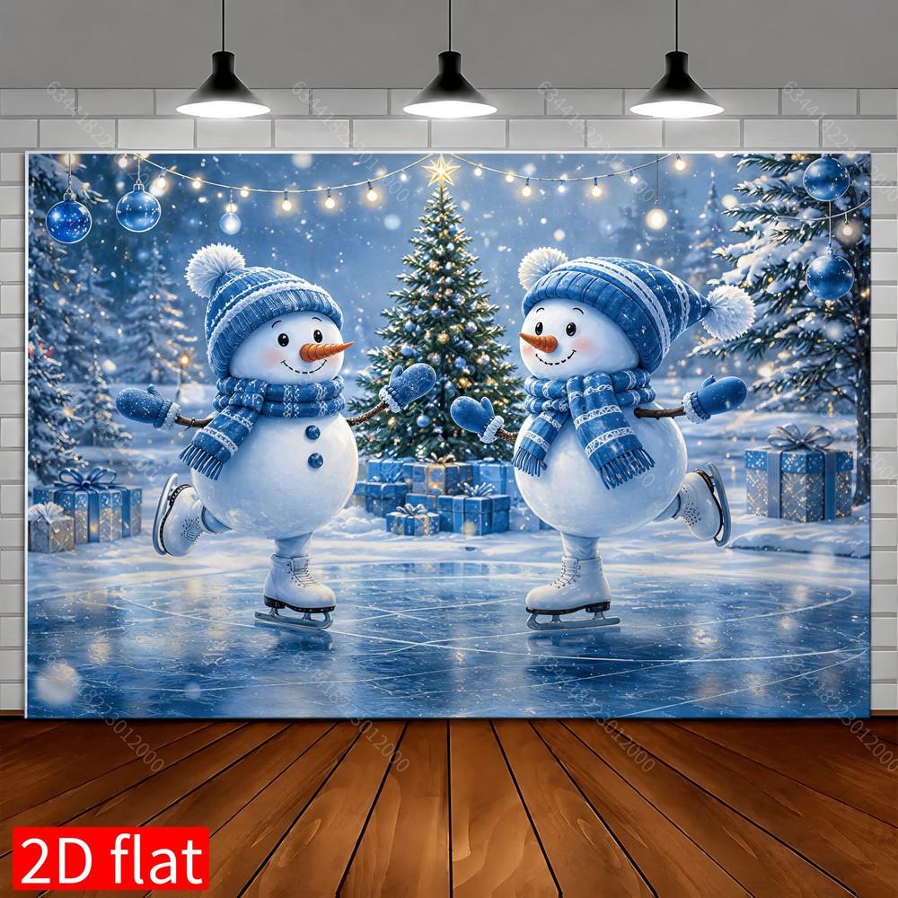 1Pcs Blue Winter Snowmen Skating Ice Rink Decoration Background Christmas Backdrop Decorations For Photo Studio Booth Party