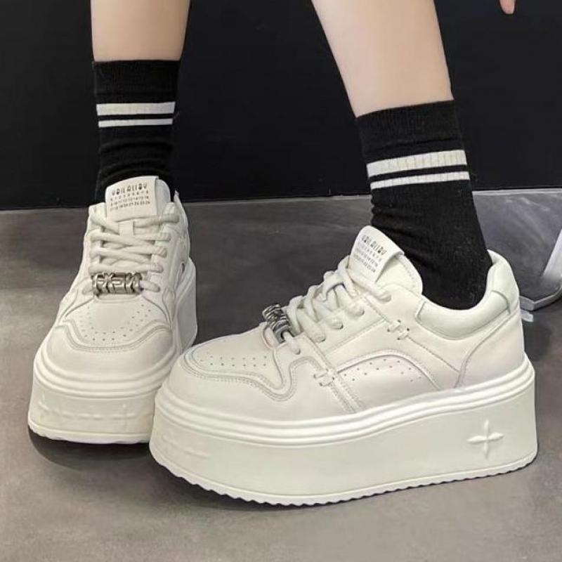 Spring Leather White Platform Sneakers Thick Sole Chunky Casual Shoes Height Increasing Women Shoes Comfortable Female Sneakers