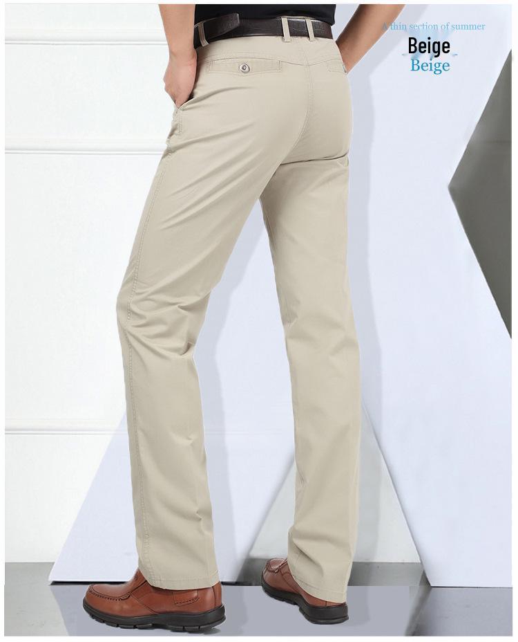 Men's Plus Size High Waist Cotton Work Pants - Summer Lightweight Casual & Formal Straight Leg Trousers for Middle-Aged & Elderly.