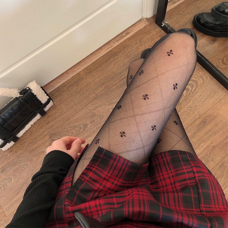 Japanese-style Black Pantyhose - Spring-Summer Thin JK White Stockings with Anti-Run Jacquard & Clover Pattern for Women