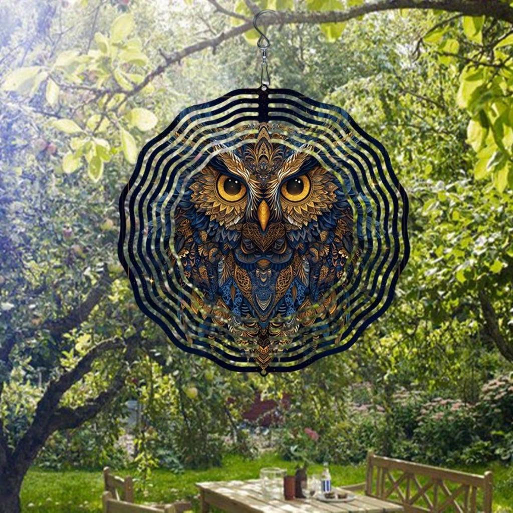 Kaijit - Majestic Owl Design 3D Hanging Wind Chime with Golden Mirror Reflection, Bird Deterrent Outdoor Decor for Garden & Weddings