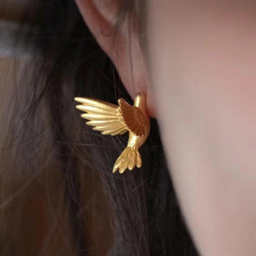 Orecchini a Bottone Uccello Volante Retro Cinese per Donna - Ago in Argento S925, Design di Nicchia alla Moda