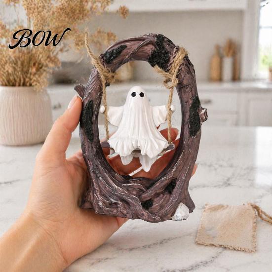Weather-Resistant Garden Ornament Ghost On Tree Swing Halloween Decor, Resin Spooky Figurine with Vintage Whimsical Home Furnishings Base, Festive